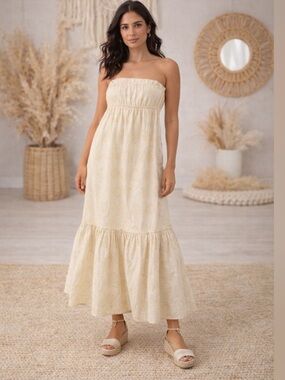 Free People Leanna Butter Yellow Ivory Strapless Tube Floral Maxi Tiered Dress